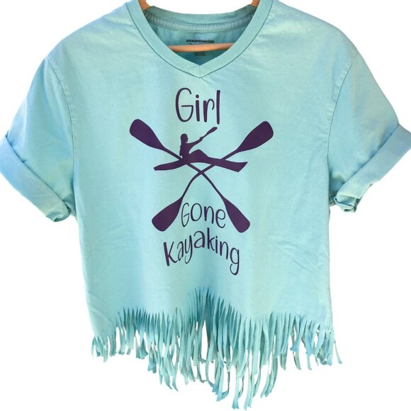 Summer Shirt, Size Large: Upcycled Cut Out Back Top, Edgy Fashion, Girl Kayaking - Picture 9 of 9